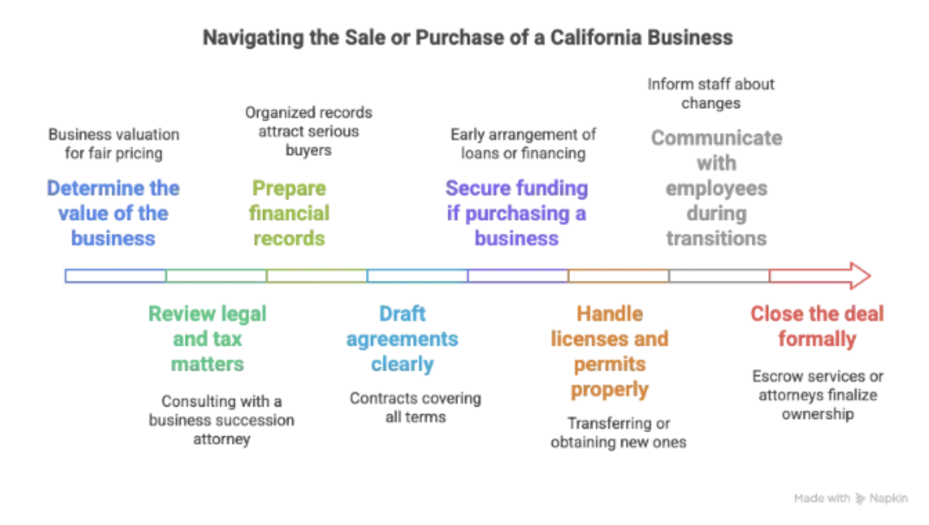 The process of buying or selling a small business in California – legal, financial, and negotiation steps.