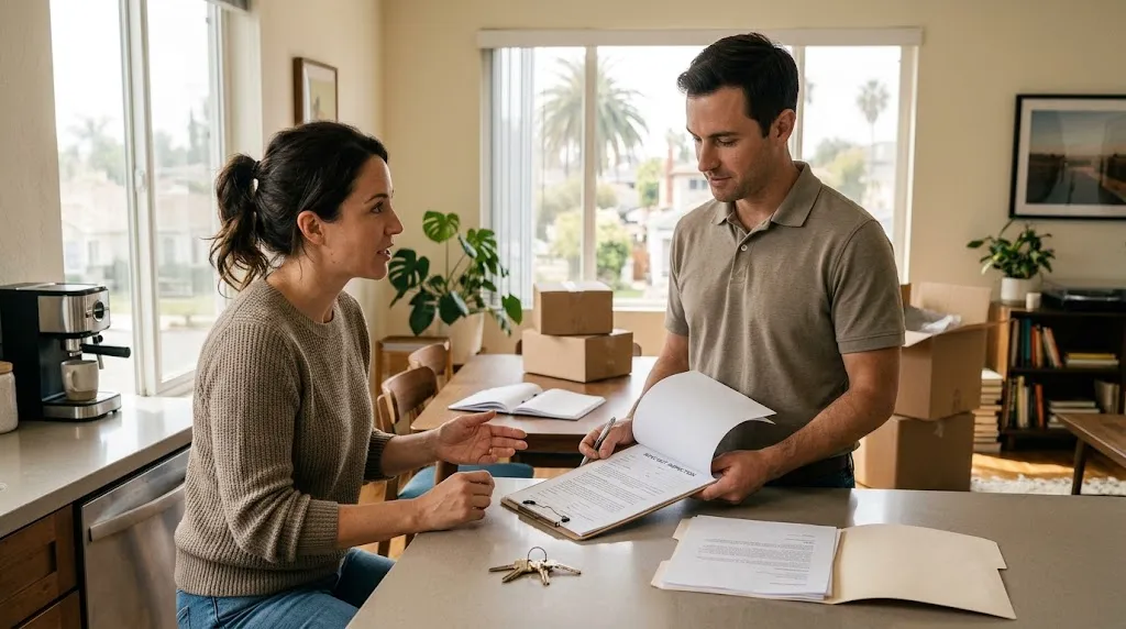 Tenant and landlord reviewing a California Lease Agreement during the move-out process