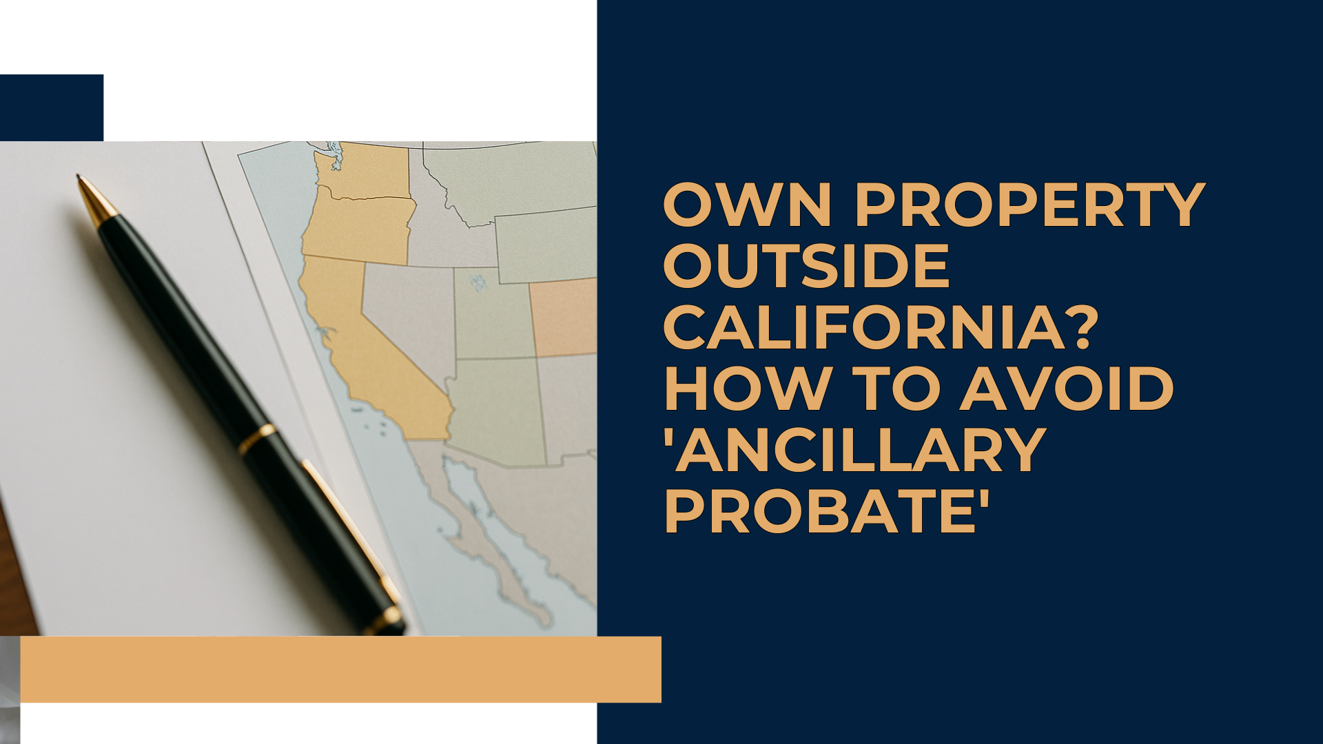 A map of the United States with property icons in California and another state, illustrating the concept of estate planning for out-of-state property.