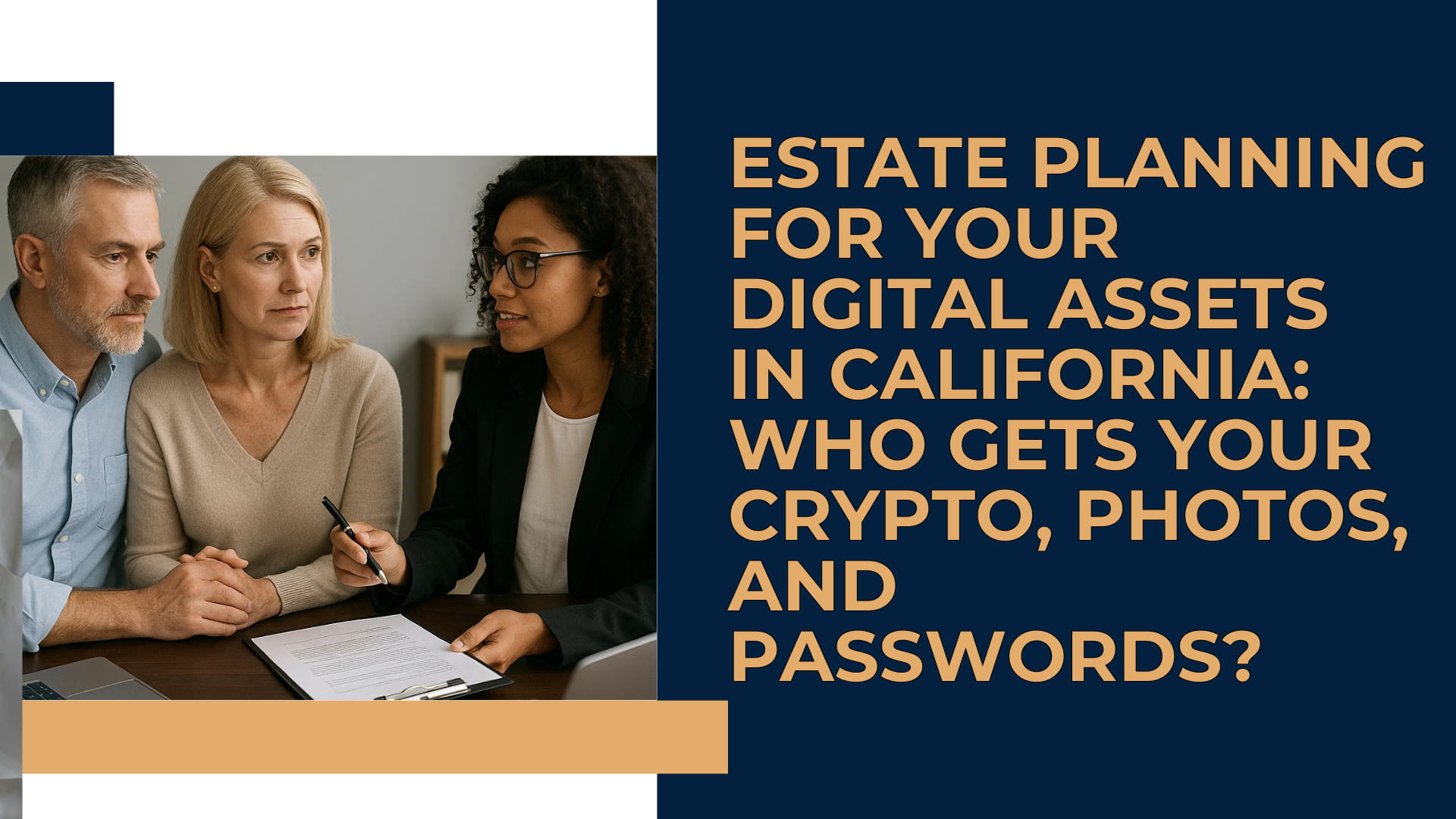A person at a desk reviewing their digital asset estate planning documents, with floating icons representing cryptocurrency, social media, and cloud storage.