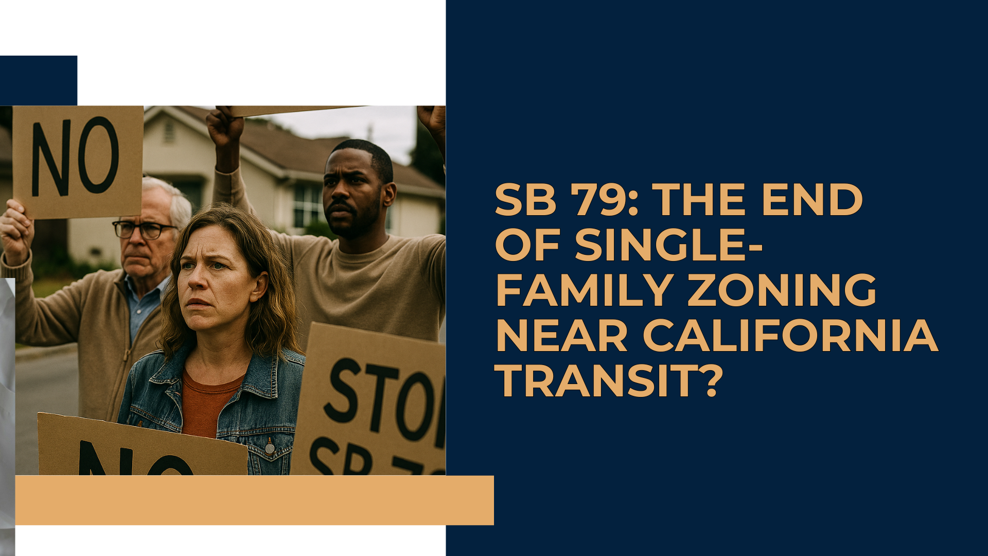 Impact of California Housing Bill SB 79 on Local Zoning A suburban street with single-family homes being overshadowed by the large shadow of a high-rise apartment building.