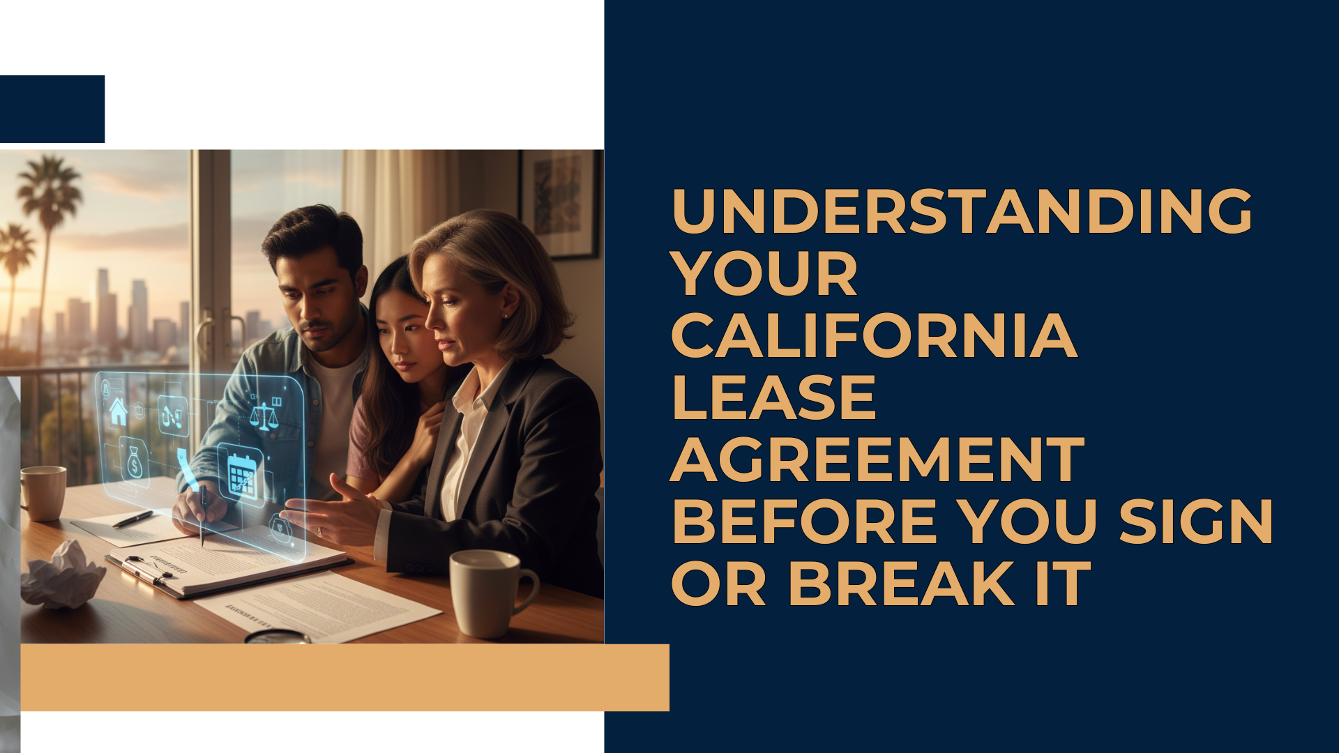 A person sitting at a desk carefully reading and highlighting sections of a California lease agreement with a pen.