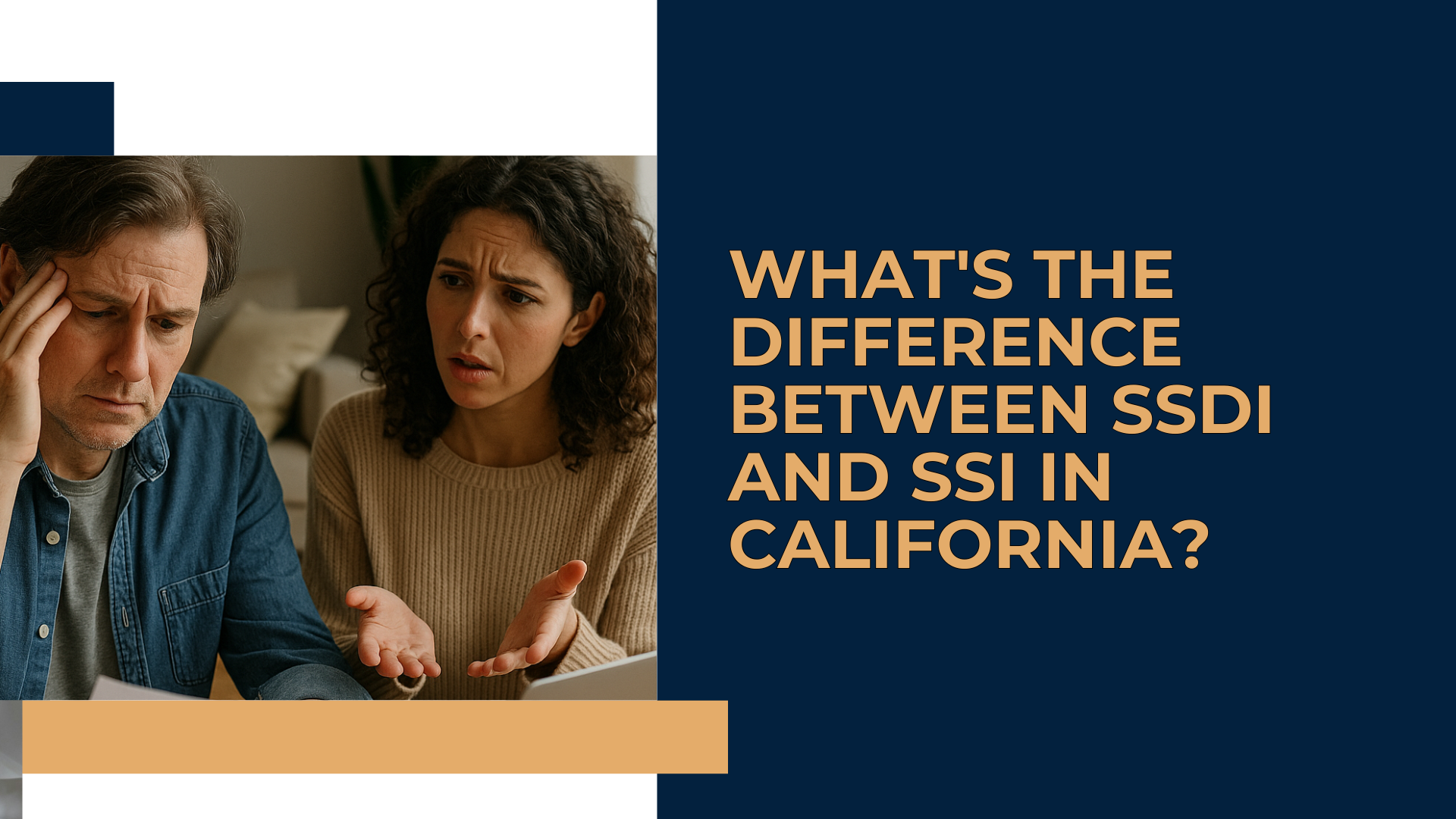 A flowchart explaining the difference between SSDI and SSI benefits in California, showing SSDI is based on work credits and SSI is based on financial need.