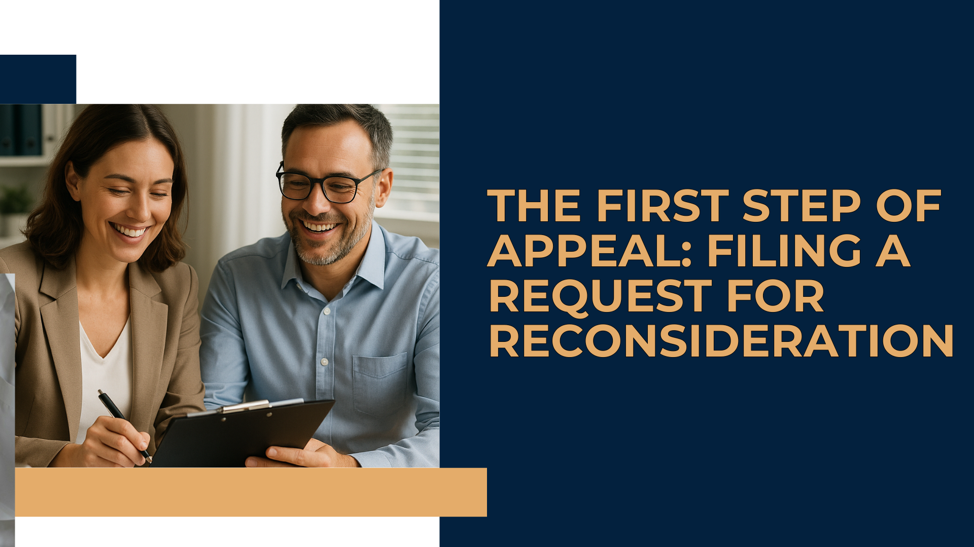 Guide-to-Filing-Request-for-Reconsideration-SSA-561 A person sitting at a desk, looking thoughtfully at an official Social Security document, with a pen in hand, ready to fill out the SSA-561 form for a request for reconsideration.