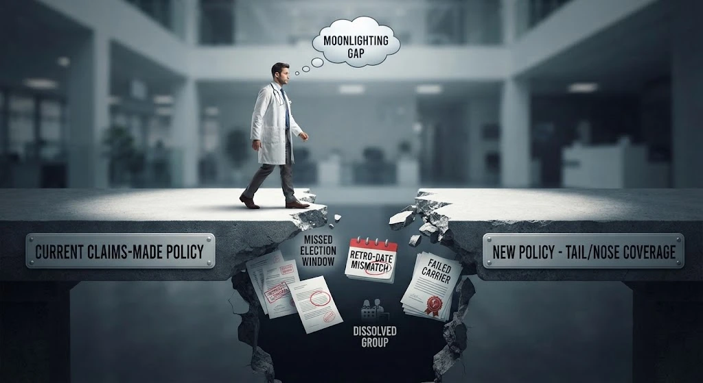 Physician facing a malpractice insurance coverage gap between claims-made and tail coverage