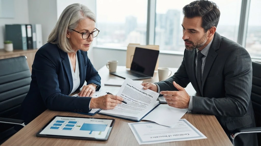 explaining how a group malpractice insurance policy is structured, showing multiple physicians connected under a shared policy arrangement.