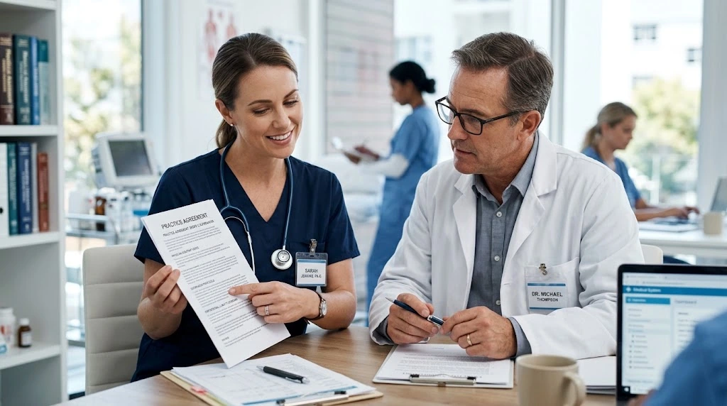 Physician assistant and physician reviewing a practice agreement
