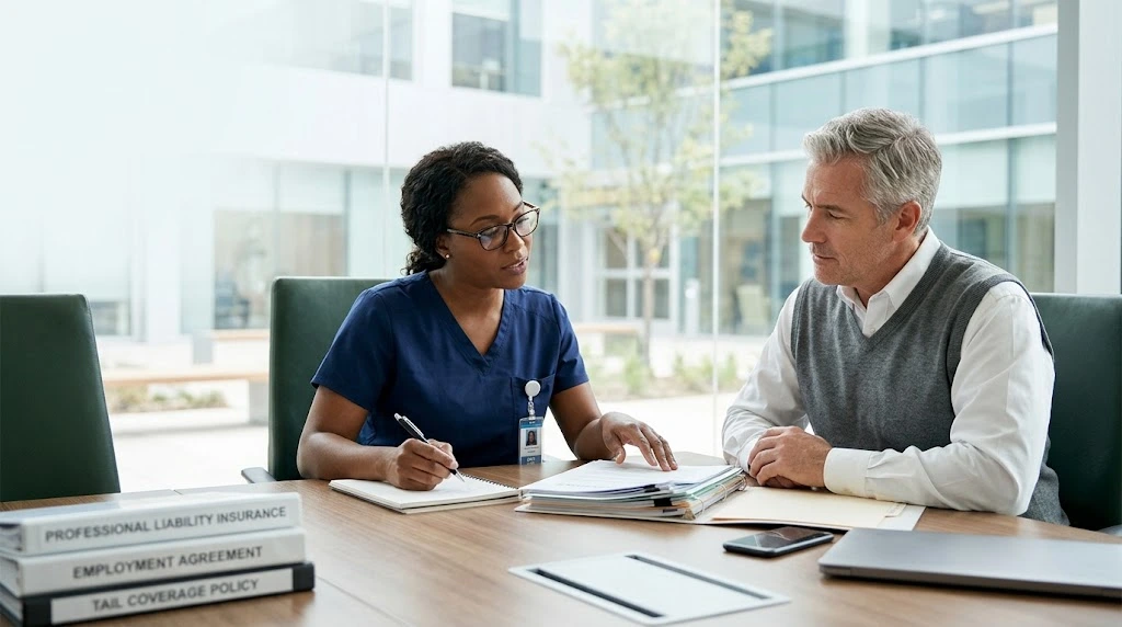 Healthcare professional reviewing contract documents with a client