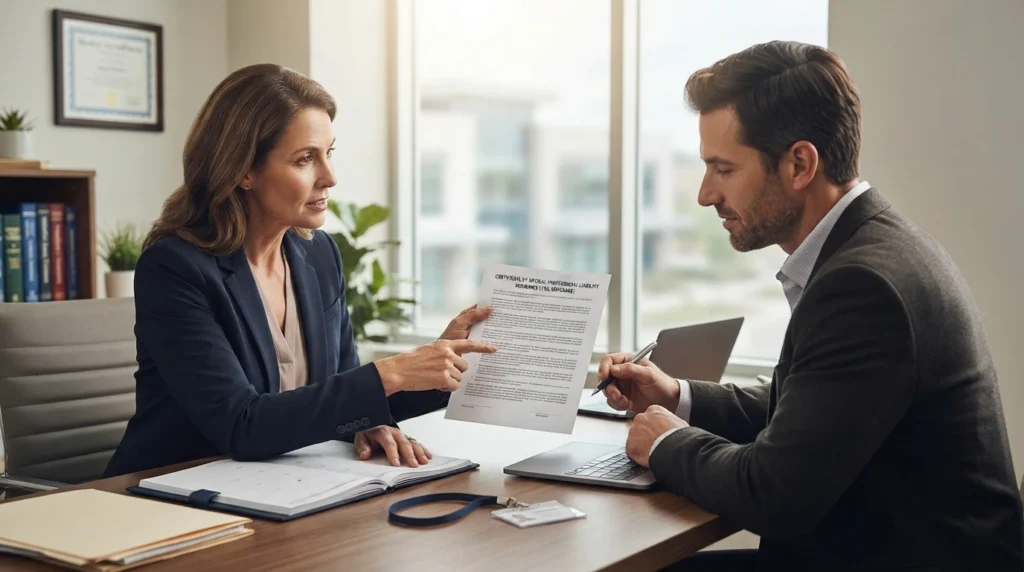 Professionals reviewing malpractice insurance verification documents