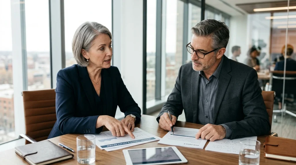 Two professionals reviewing printed documents together during a meeting in a modern office.