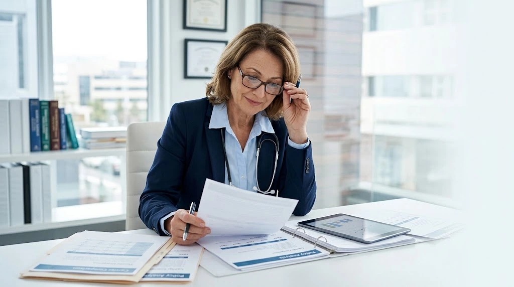 Professional reviewing insurance policy documents and coverage details