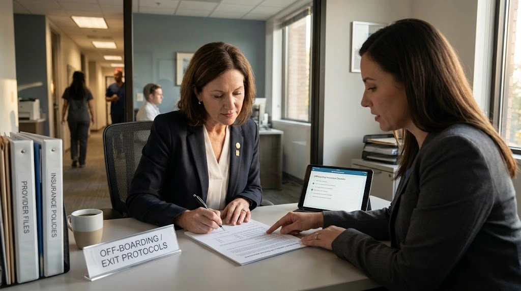 Physician reviewing departure documents when leaving a medical group