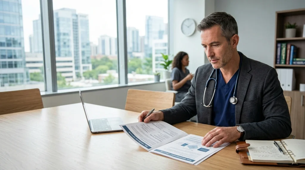 Physician reviewing medical malpractice insurance coverage documents